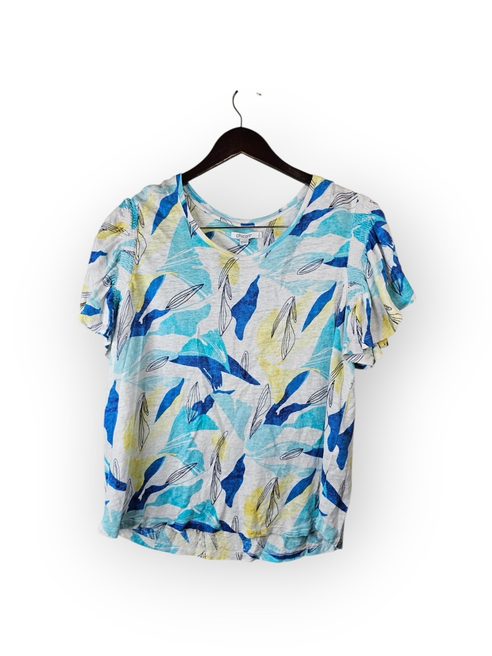 Chico's 100% Linen Leaf Print Flutter Sleeve Top Blue Yellow White Size 3 XL - Picture 2 of 6